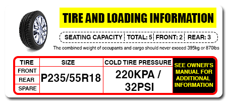 Example of a Tire Pressure Placard